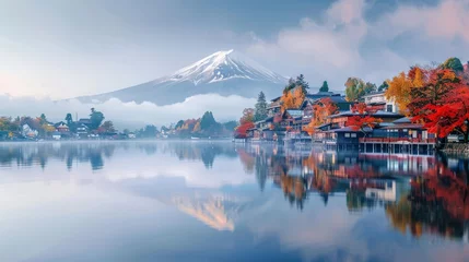 Fototapete Rund The colorful autumn season and Mount Fuji with its morning mist and red leaves at Lake Kawaguchiko are among the best in Japan. © peerawat