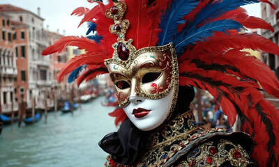 A person wearing an ornate Venetian mask and costume, with the iconic canals of Venice and gondolas in the background. The mask is adorned with red feathers, gold trim, and gemstones.