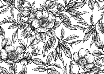 Green tea branch with leaves and wild rose flowers and berries. Seamless pattern, background. Vector illustration. In botanical style