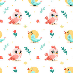 Spring birds pattern in bright color with big eyes. On light background for postcards, banners, backgrounds. Vector illustration.