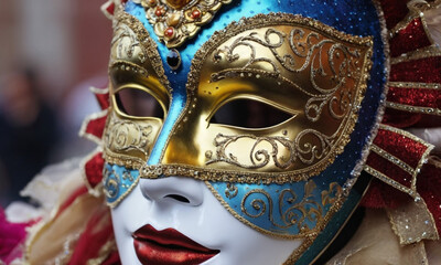 A person wearing an ornate Venetian mask and costume, with the iconic canals of Venice and gondolas in the background. The mask is adorned with red feathers, gold trim, and gemstones.