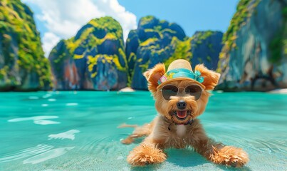 Happy dog ​​in glasses relaxes in the pool. Concept tourism, vacation.	