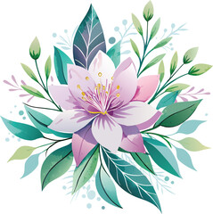 Beautiful watercolor floral bouquet with pink flowers and green leaves. Vector illustration.