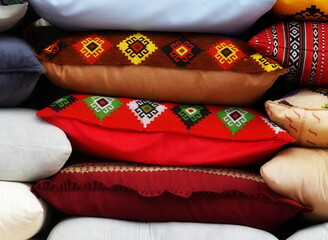 Colorful Ethnic Pillows Stack, Traditional Patterns