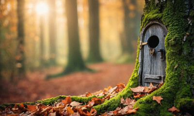 An enchanting forest scene with sunlight filtering through tall trees. A small wooden door with a...