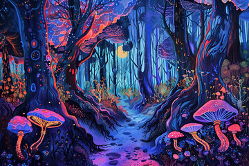 horizontal illustration of a fantasy psychedelic magic forest with fluorescent colours and lights