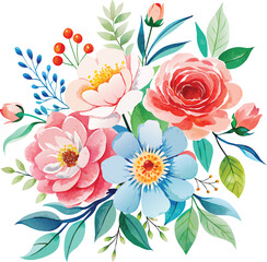 Watercolor floral bouquet with roses, leaves and berries. Vector illustration.