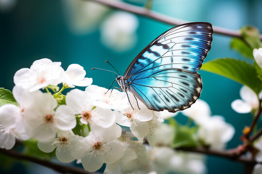 a blue sparkled butterfly in side view on a white blossom in emsbüren emsland germany photographed in a green house in emsbüren germany
