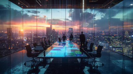 High-Tech Boardroom Overlooking the Urban Twilight
