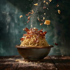 Spaghetti with Crispy Bacon in Mid-Air Explosion