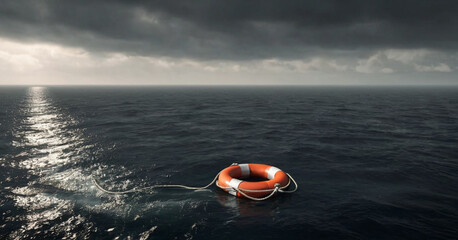 A red and white striped lifebuoy floating on the wavy surface of a vast, open sea under a clear sky. It conveys a sense of isolation or emergency at sea.