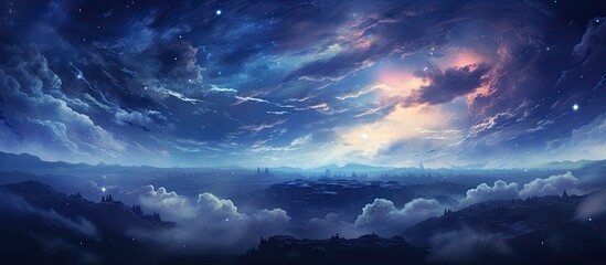 A dramatic scene with a dark sky filled with fluffy clouds and twinkling stars, creating a mysterious and captivating atmosphere