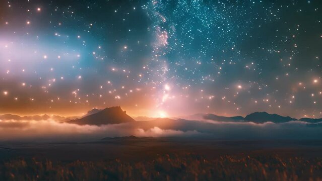 Galaxy landscape stars flickering. Milky Way and pink light at mountains. Night colorful landscape. Starry sky with hills at summer. Beautiful Universe. Space background with galaxy. Travel background