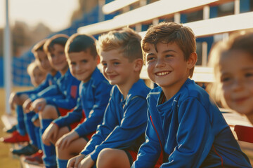 Happy boys in a soccer team sitting on a substitute bench. Players in blue football uniforms having fun and watching the match of kids' soccer league. Children in a team on sunny summer day