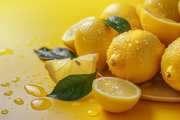 open bowl of lemons with juice and green leaves on the table, a closeup shot of several fresh lemons cut in half with water droplets on them, in the fresh style on yellow background