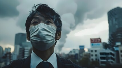 Asian businessman with surgical mask, epidemic and pollution crisis concept - obrazy, fototapety, plakaty
