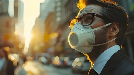 businessman with mask, epidemic and pollution crisis concept