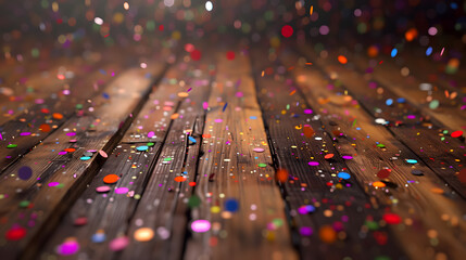 Colorful confetti laying on the wooden floor - obrazy, fototapety, plakaty