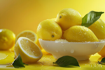open bowl of lemons with juice and green leaves on the table, a closeup shot of several fresh lemons cut in half with water droplets on them, in the fresh style on yellow background
