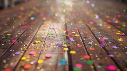 Colorful confetti laying on the wooden floor - obrazy, fototapety, plakaty