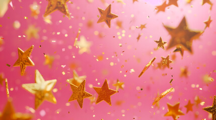 Golden star-shaped confetti flying on bright pink background
