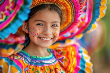 Latin girl in Traditional Mexican Dress Dancing at parade or cultural Festival in Mexico Latin America, ai generated - obrazy, fototapety, plakaty