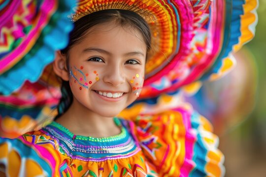 Fototapeta Latin girl in Traditional Mexican Dress Dancing at parade or cultural Festival in Mexico Latin America, ai generated