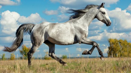 young gray stallion runs at a gallop against the sky