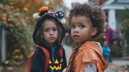 Young siblings dressed in Halloween costumes during Trick-or-Treat