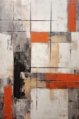 Gray and red painting, in the style of orange and beige, luxurious geometry, puzzle-like pieces