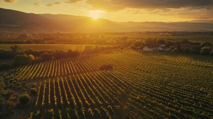Vineyards and winery on sunset. Vineyard agricultural fields in the countryside, beautiful aerial...