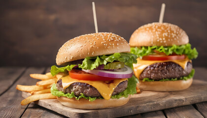 fresh tasty burger on wood table