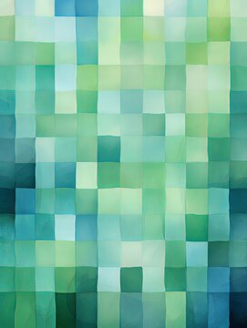 indigo and blue squares on the background, in the style of soft, blended brushstrokes