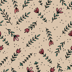 Seamless pattern with hand drawn flowers. Vector illustration - 764679715