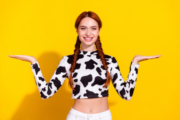 Fototapeta premium Photo of excited positive lady dressed cowskin top comparing arms empty space isolated yellow color background