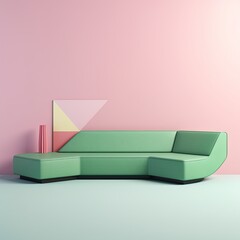 Green l shaped couch isolated on blue wallpaper, in the style of light pink and light green