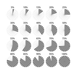 Gray circle section graph. Round chart. Circular structure divided into segments. Piechart with pieces and slices. Pie diagram template. Set schemes. Vector illustration