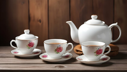 Fototapeta na wymiar Teapot and Teacups on wooden background