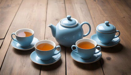 Fototapeta na wymiar Teapot and Teacups on wooden background
