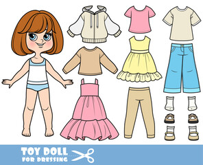 Cartoon brunette girl  with short bob and clothes separately  -  long sleeve, sundress, dress, jeans and boots