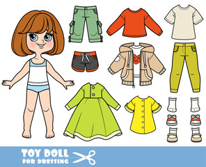 Cartoon brunette girl  with short bob and clothes separately  -  long sleeve, shorts, breeches with pockets, casual dress, jeans and boots