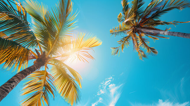 coconut palm tree leaves over clear blue sky background in sunny summer day. Vacation and peaceful life concept