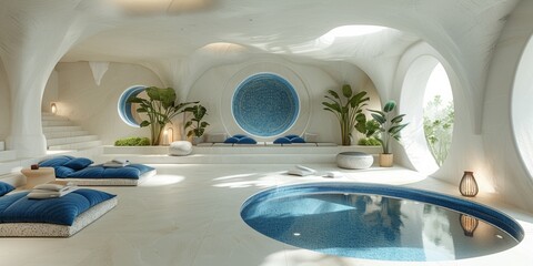 In a fantasy cave-like interior, a luxurious spa boasts a marble pool for ultimate relaxation.