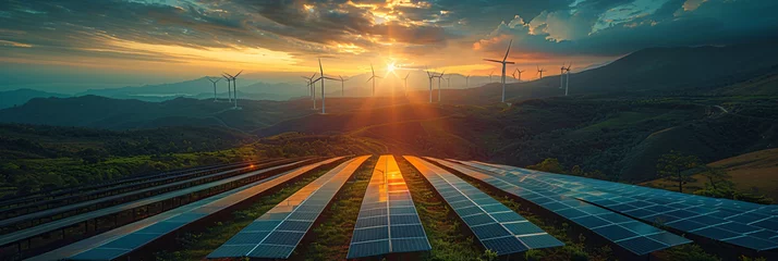 Foto auf Acrylglas Dramatic Sunset over an Eco-Friendly Wind and Solar Energy Farm  © Andrey