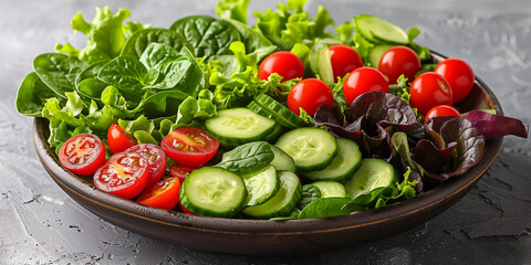 An organic vegetable salad brimming with fresh lettuce, cucumber, and tomatoes.