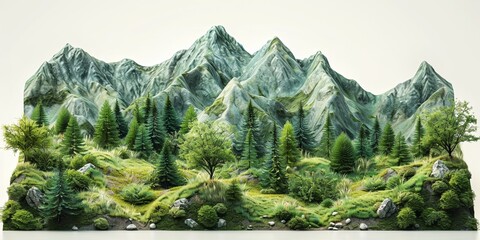 A picturesque mountain panorama with lush forests, and high peaks.