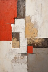 Khaki and red painting, in the style of orange and beige, luxurious geometry, puzzle-like pieces