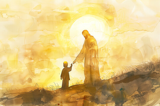 Jesus Holding a child's hand, takes child with him, forgive and bless him In the sunrise rays, watercolor painting in warm gold colors