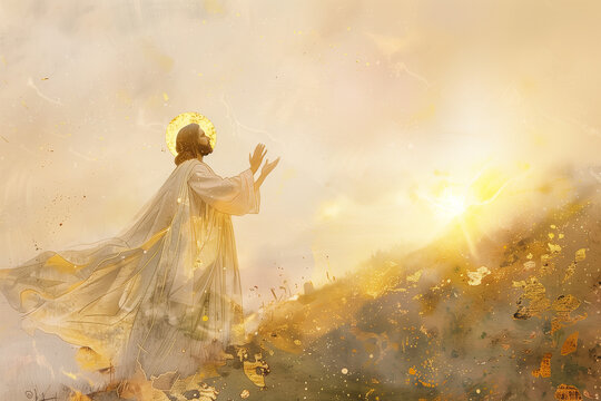 Jesus praying on Mount of Olives gold watercolor 