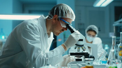 A scientist examines a sample through a microscope in a laboratory setting.